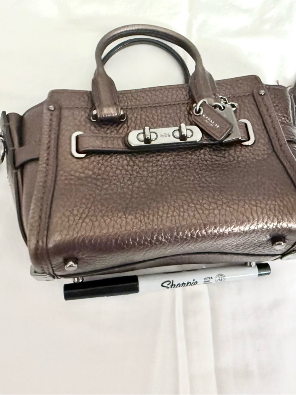 Coach Metallic Taupe Leather Mini Satchel - Coach